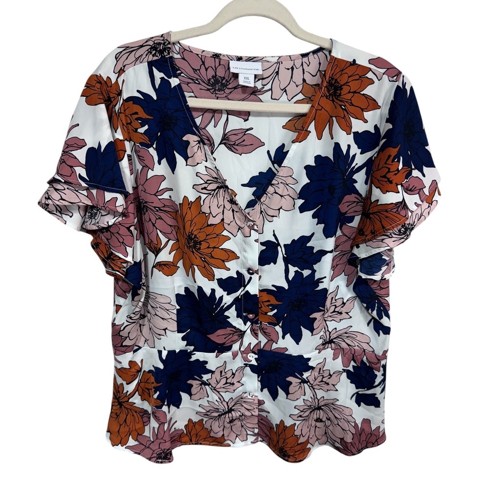 Liz Claiborne XXL Multicolor‎ Floral Blouse Women's Short Sleeve V-Neck